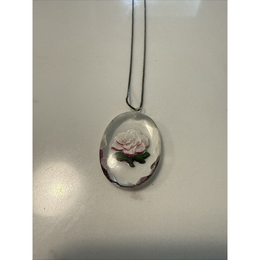 vintage reverse carved lucite Rose sterling necklace